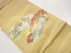 高島織物製　青銅箔地紙に花葉・鳥模様織出し名古屋帯